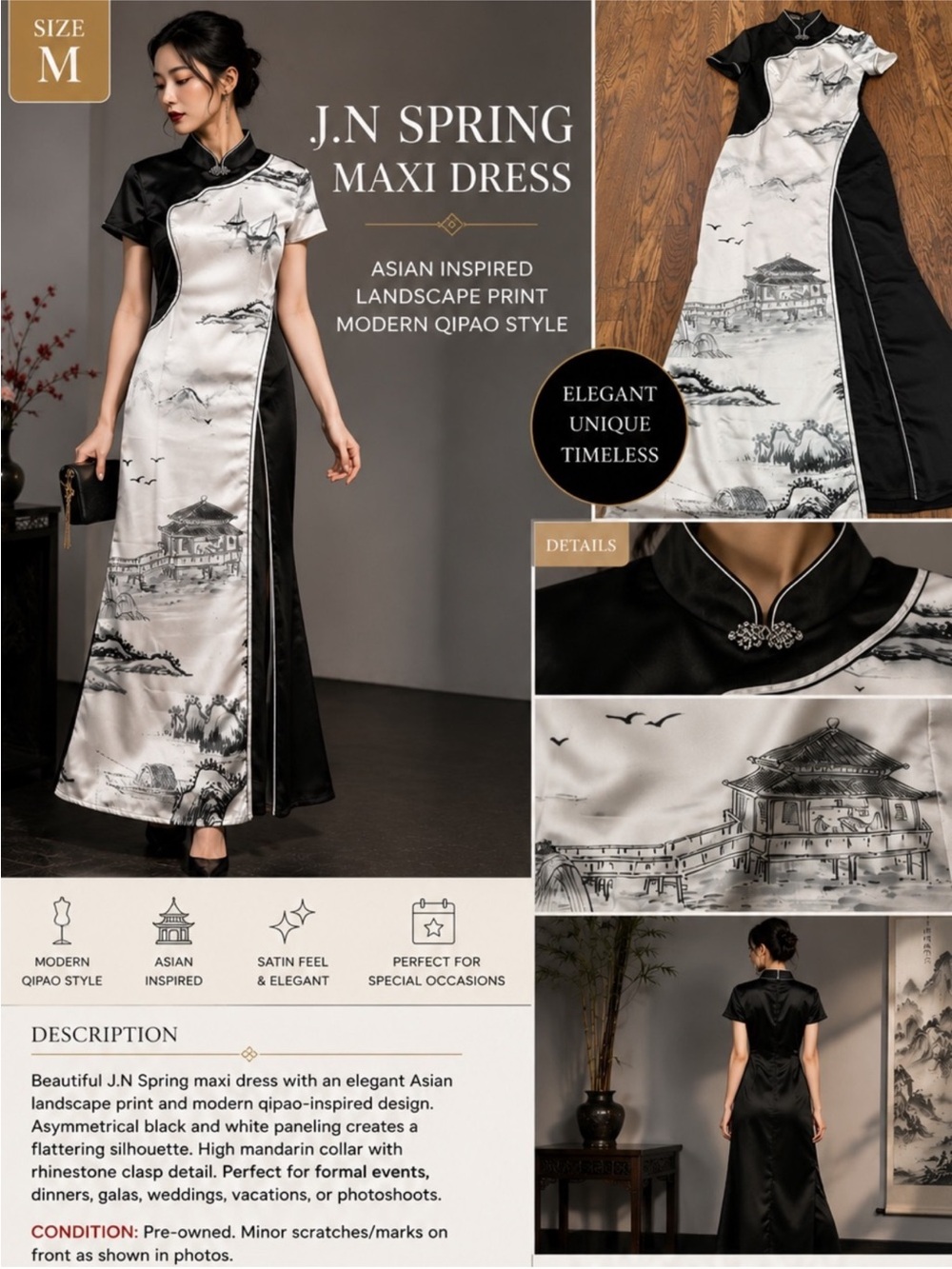 J.N Spring Asian Landscape Maxi Dress Medium | Modern Qipao Style